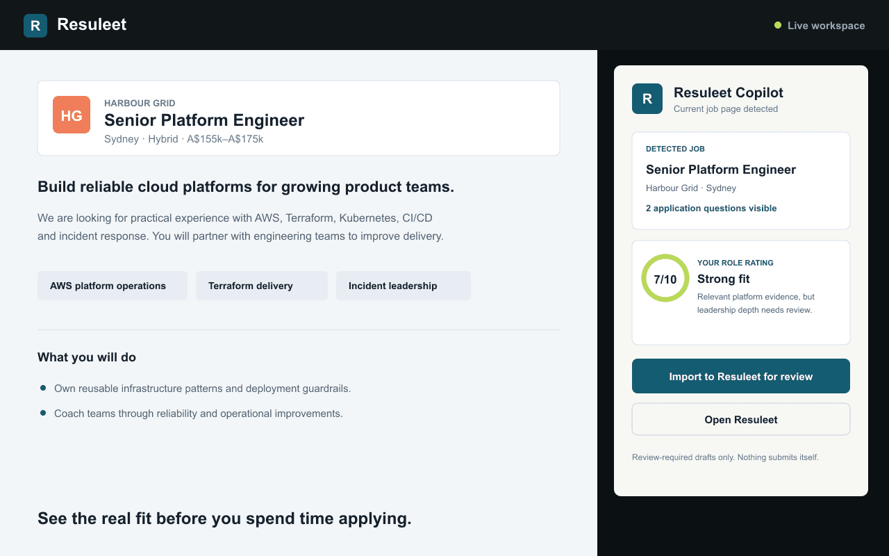 Resuleet Copilot demo showing a sample platform engineer role, a 7 out of 10 fit rating and an import-for-review button