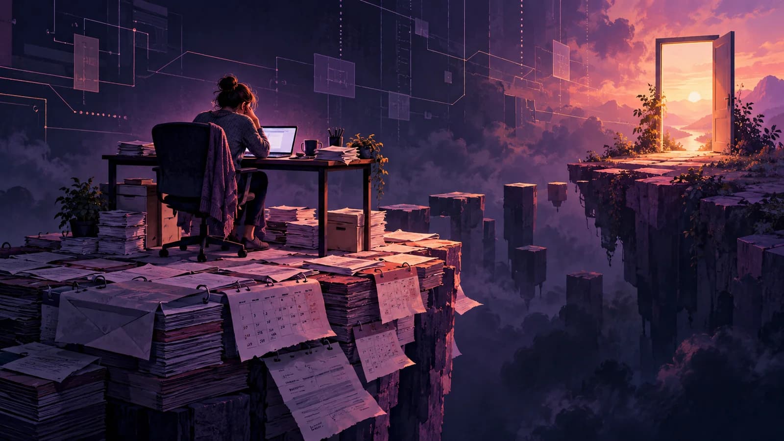 An exhausted worker at a desk on an island of bills, facing a distant doorway glowing with warm light.